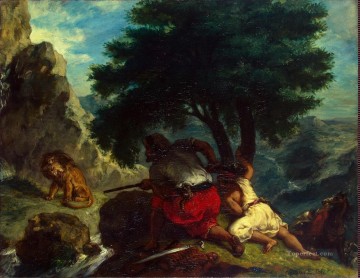 Animal Painting - Delacroix Eugene caza del león en Marruecos